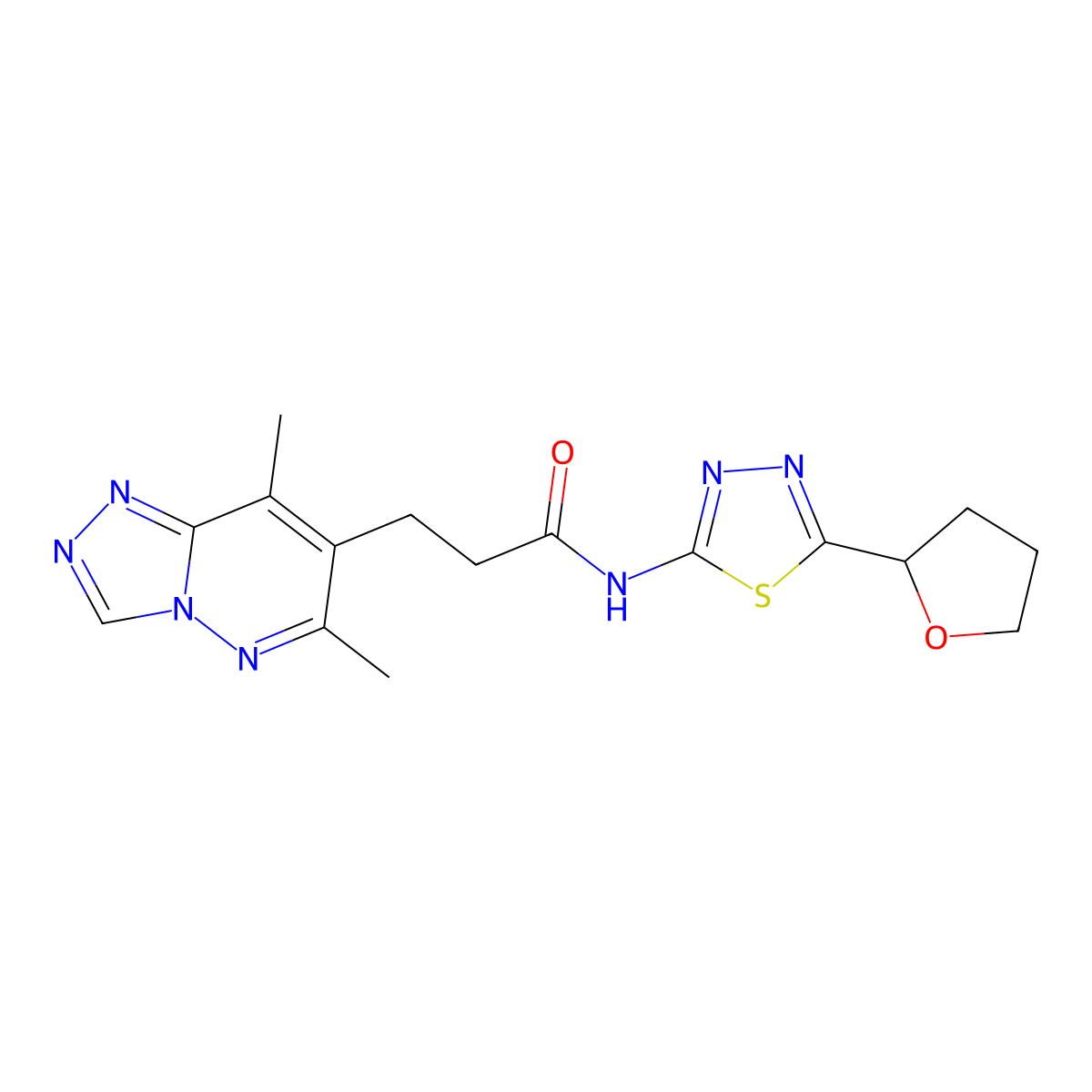 3-(6,8-dimethyl-[1,2,4]triazolo[4,3-b]pyridazin-7-yl)-N-(5-(tetrahydrofuran-2-yl)-1,3,4-thiadiazol-2-yl)propanamide molecular structure, CAS 1324067-83-5