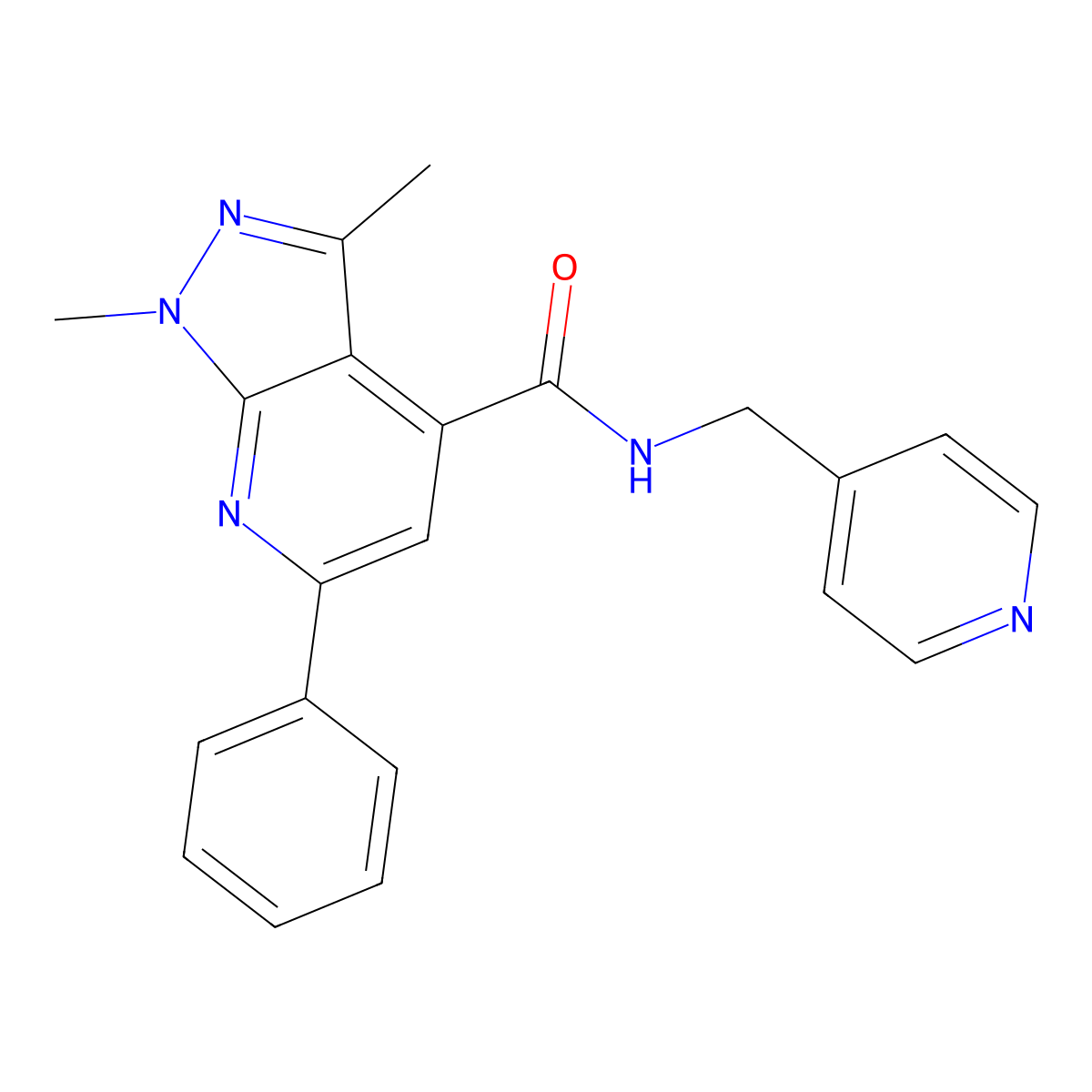 1,3-dimethyl-6-phenyl-N-(pyridin-4-ylmethyl)-1H-pyrazolo[3,4-b]pyridine-4-carboxamide molecular structure, CAS 1324069-94-4