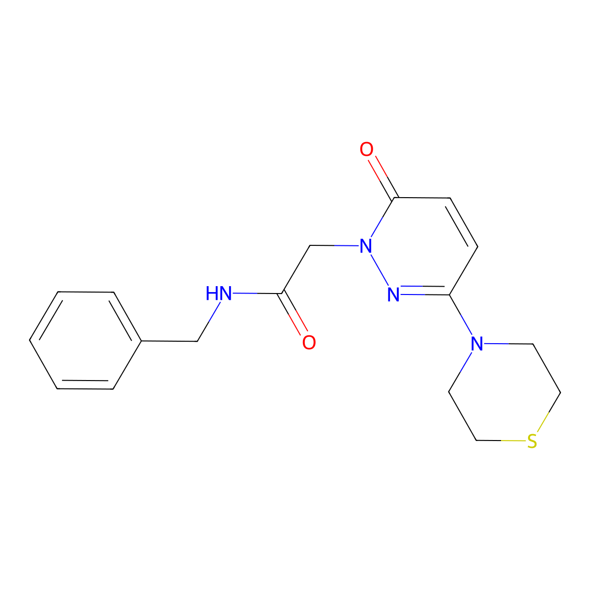 N-benzyl-2-[6-oxo-3-(thiomorpholin-4-yl)pyridazin-1(6H)-yl]acetamide molecular structure, CAS 1324071-40-0
