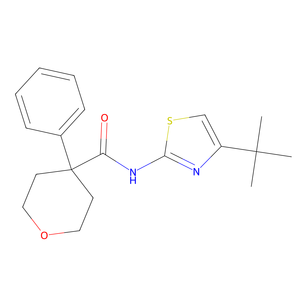 N-(4-(tert-butyl)thiazol-2-yl)-4-phenyltetrahydro-2H-pyran-4-carboxamide molecular structure, CAS 1324072-30-1