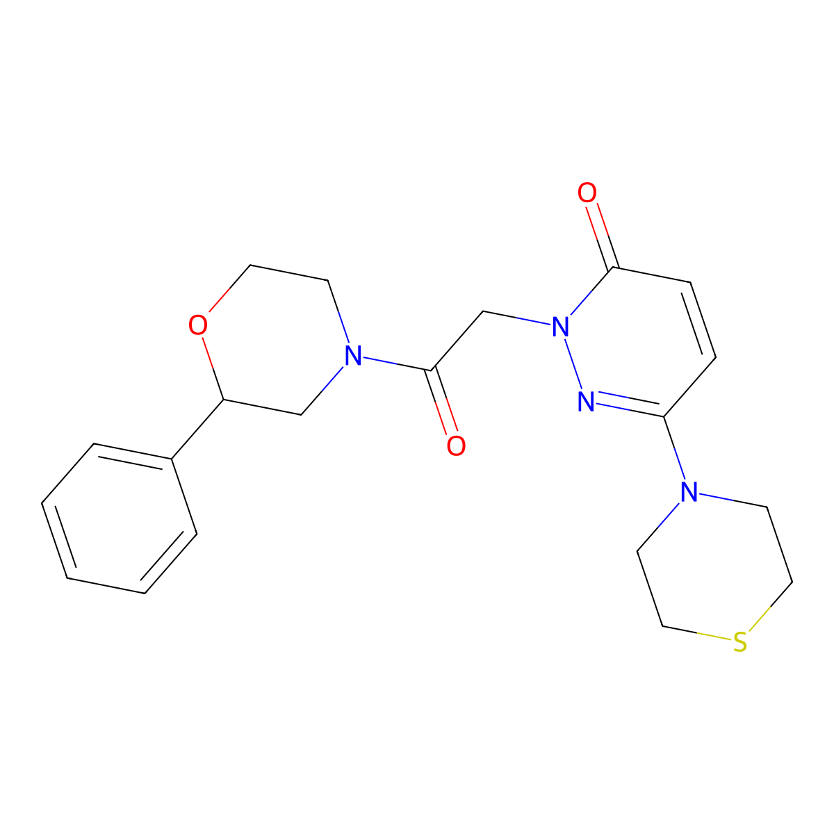 2-[2-oxo-2-(2-phenylmorpholin-4-yl)ethyl]-6-(thiomorpholin-4-yl)pyridazin-3(2H)-one molecular structure, CAS 1324072-35-6