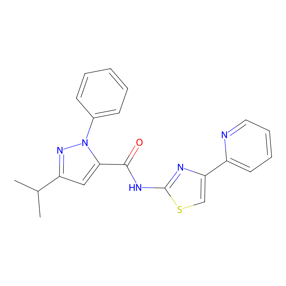 3-isopropyl-1-phenyl-N-(4-(pyridin-2-yl)thiazol-2-yl)-1H-pyrazole-5-carboxamide molecular structure, CAS 1324075-23-1