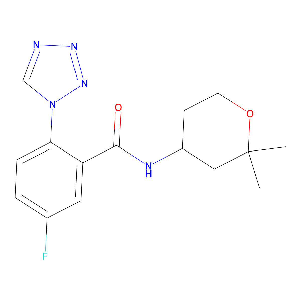 N-(2,2-dimethyltetrahydro-2H-pyran-4-yl)-5-fluoro-2-(1H-tetrazol-1-yl)benzamide molecular structure, CAS 1324075-78-6