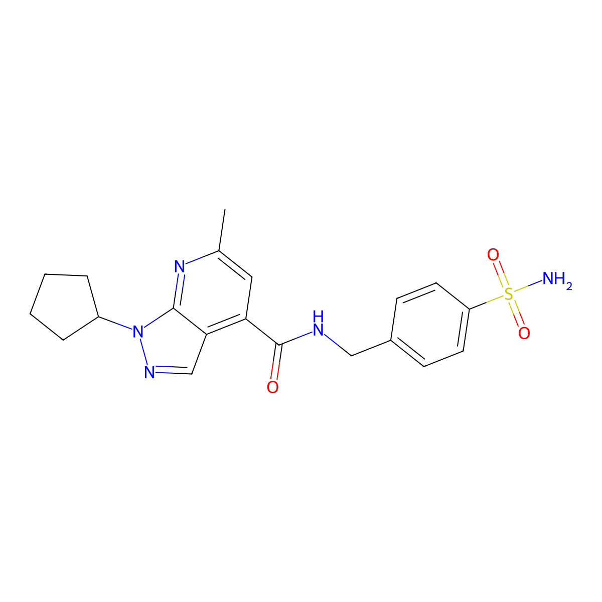1-cyclopentyl-6-methyl-N-(4-sulfamoylbenzyl)-1H-pyrazolo[3,4-b]pyridine-4-carboxamide molecular structure, CAS 1324077-31-7