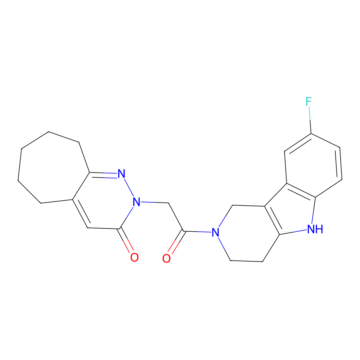 2-[2-(8-fluoro-1,3,4,5-tetrahydro-2H-pyrido[4,3-b]indol-2-yl)-2-oxoethyl]-2,5,6,7,8,9-hexahydro-3H-cyclohepta[c]pyridazin-3-one molecular structure, CAS 1324078-67-2
