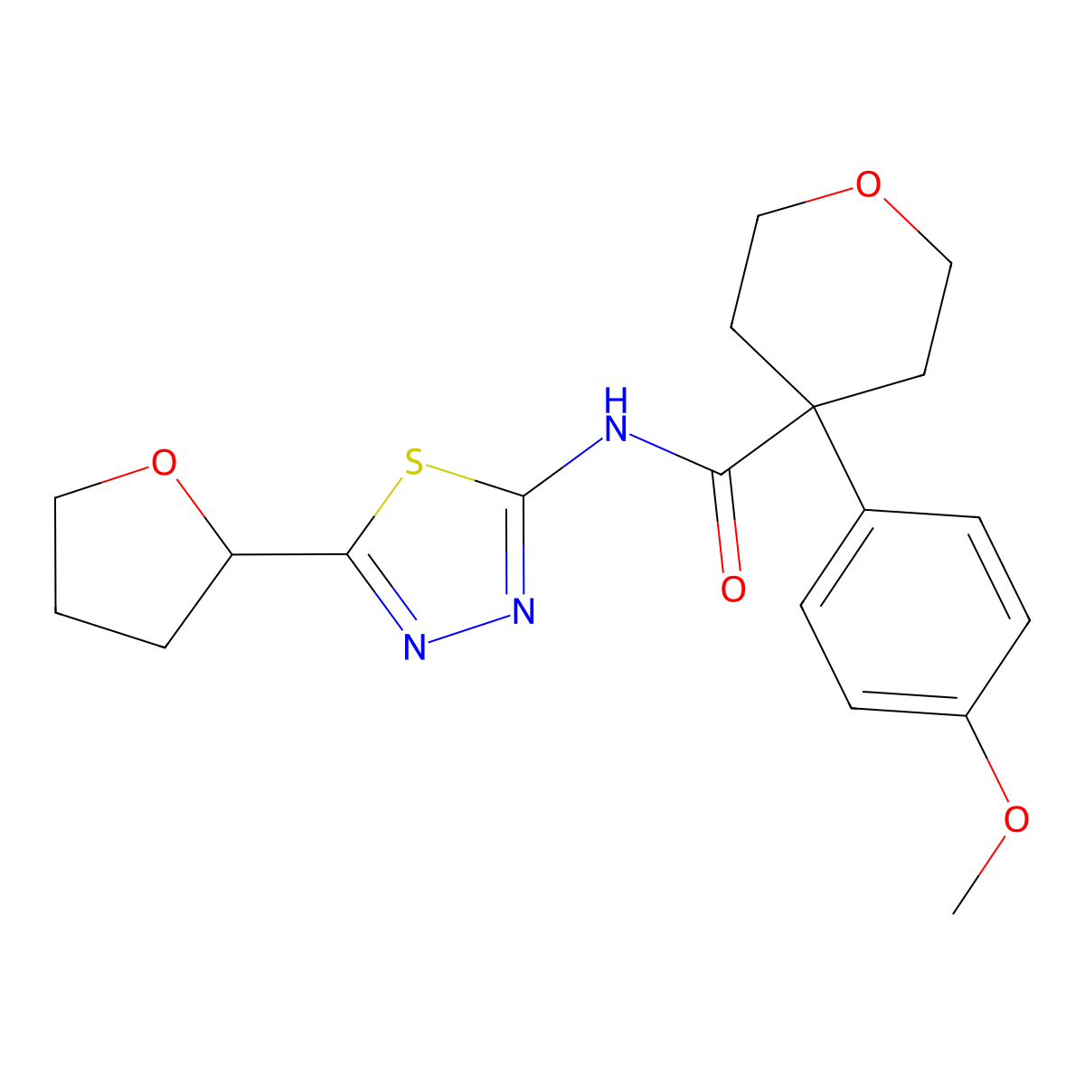 4-(4-methoxyphenyl)-N-(5-(tetrahydrofuran-2-yl)-1,3,4-thiadiazol-2-yl)tetrahydro-2H-pyran-4-carboxamide molecular structure, CAS 1324078-98-9