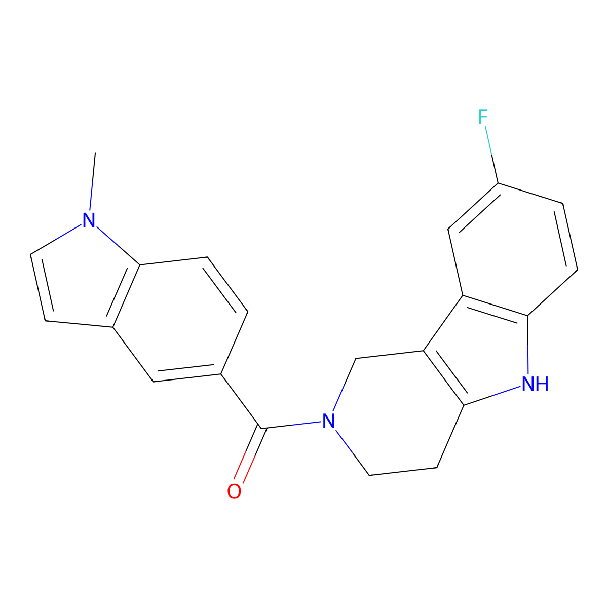 (8-fluoro-1,3,4,5-tetrahydro-2H-pyrido[4,3-b]indol-2-yl)(1-methyl-1H-indol-5-yl)methanone molecular structure, CAS 1324079-52-8