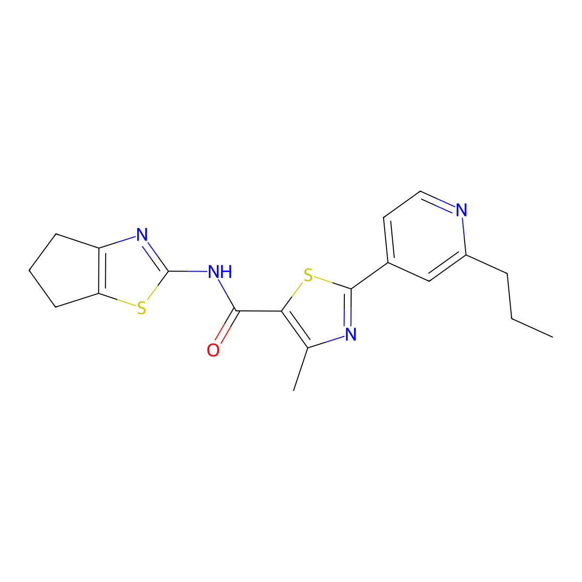 N-(5,6-dihydro-4H-cyclopenta[d]thiazol-2-yl)-4-methyl-2-(2-propylpyridin-4-yl)thiazole-5-carboxamide molecular structure, CAS 1324079-58-4