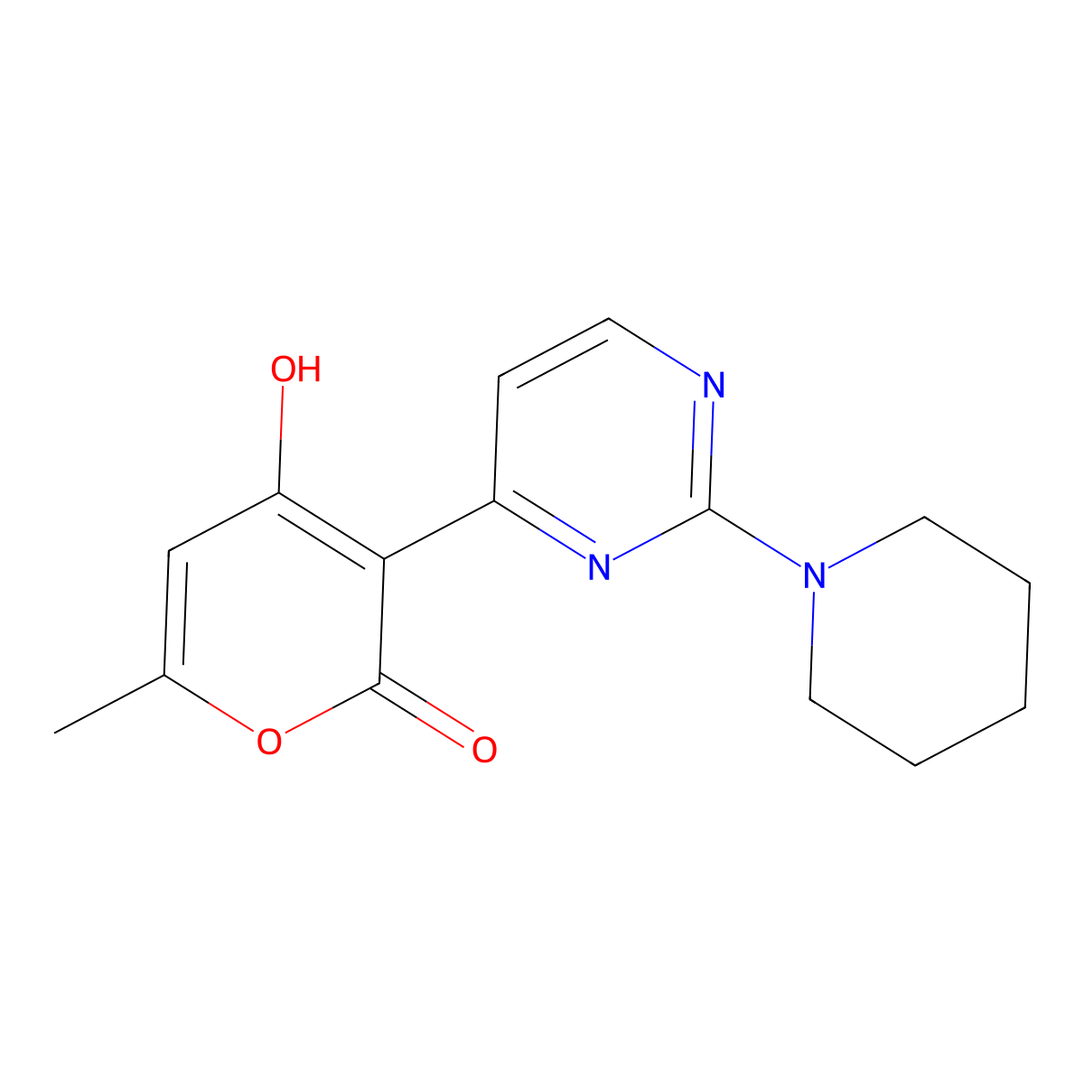 4-hydroxy-6-methyl-3-[2-(piperidin-1-yl)pyrimidin-4-yl]-2H-pyran-2-one molecular structure, CAS 1324080-36-5