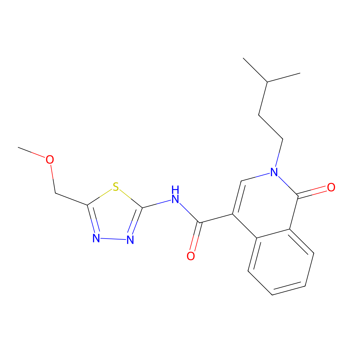 N-[5-(methoxymethyl)-1,3,4-thiadiazol-2-yl]-2-(3-methylbutyl)-1-oxo-1,2-dihydroisoquinoline-4-carboxamide molecular structure, CAS 1324082-07-6