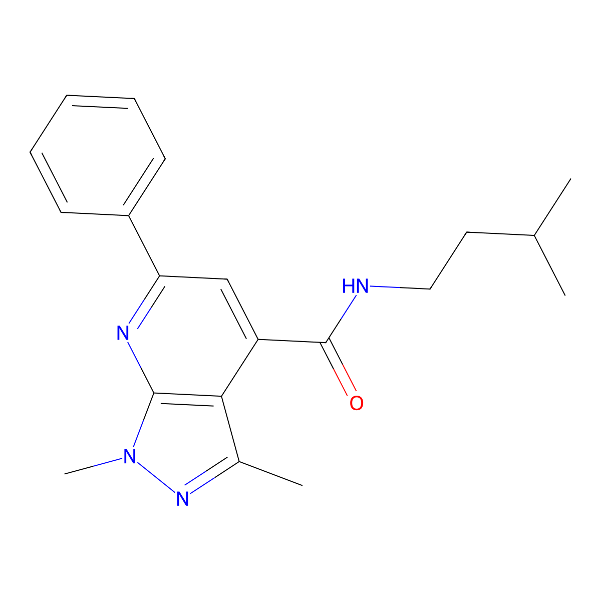 1,3-dimethyl-N-(3-methylbutyl)-6-phenyl-1H-pyrazolo[3,4-b]pyridine-4-carboxamide molecular structure, CAS 1324083-46-6