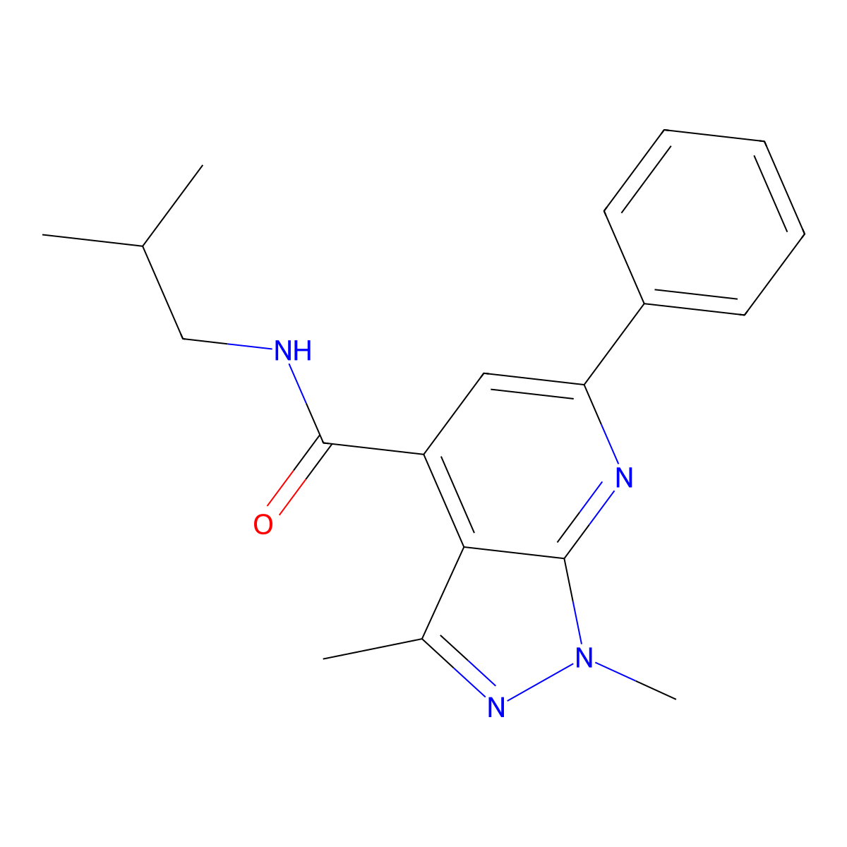 1,3-dimethyl-N-(2-methylpropyl)-6-phenyl-1H-pyrazolo[3,4-b]pyridine-4-carboxamide molecular structure, CAS 1324084-45-8
