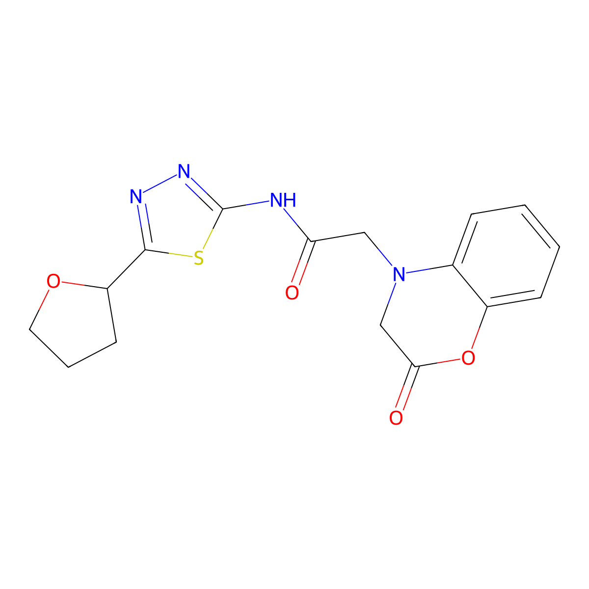 2-(2-oxo-2H-benzo[b][1,4]oxazin-4(3H)-yl)-N-(5-(tetrahydrofuran-2-yl)-1,3,4-thiadiazol-2-yl)acetamide molecular structure, CAS 1324084-82-3