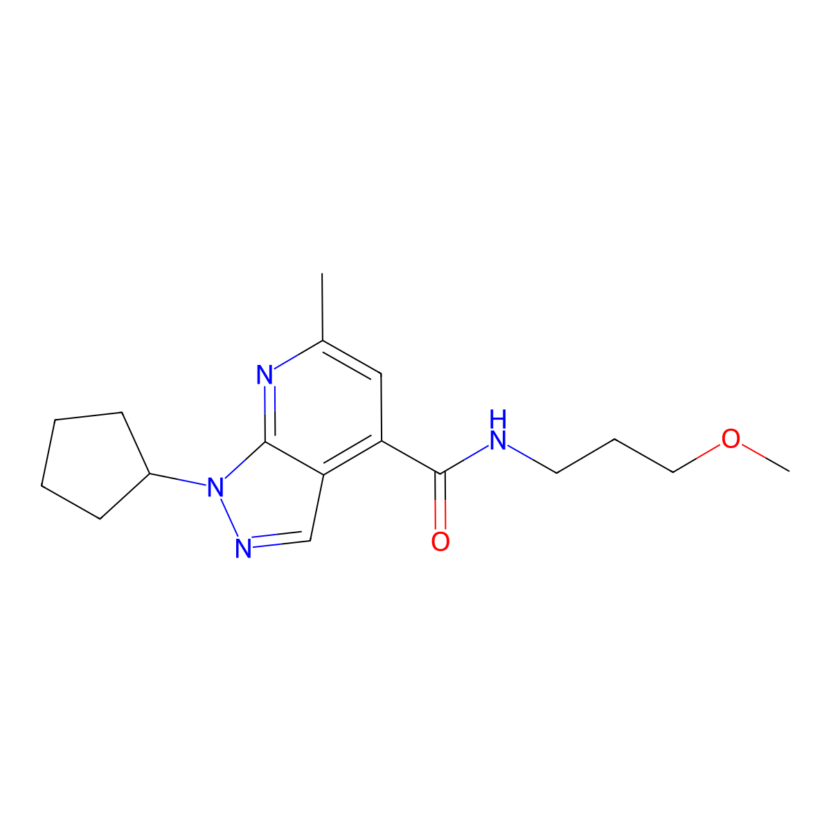 1-cyclopentyl-N-(3-methoxypropyl)-6-methyl-1H-pyrazolo[3,4-b]pyridine-4-carboxamide molecular structure, CAS 1324085-11-1