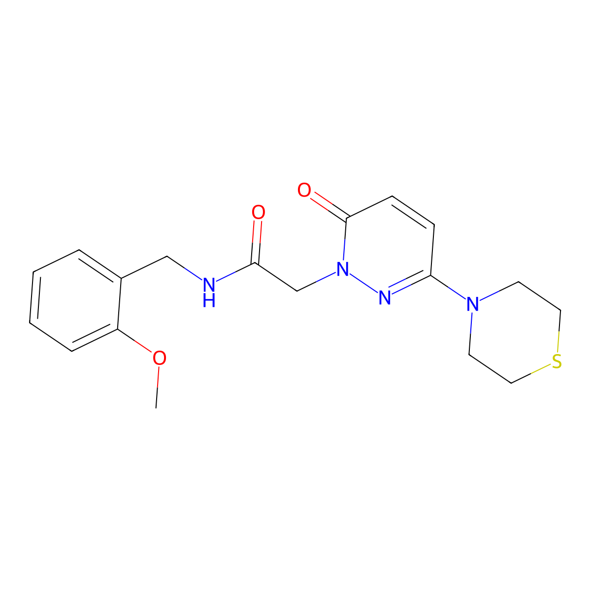 N-(2-methoxybenzyl)-2-[6-oxo-3-(thiomorpholin-4-yl)pyridazin-1(6H)-yl]acetamide molecular structure, CAS 1324085-28-0