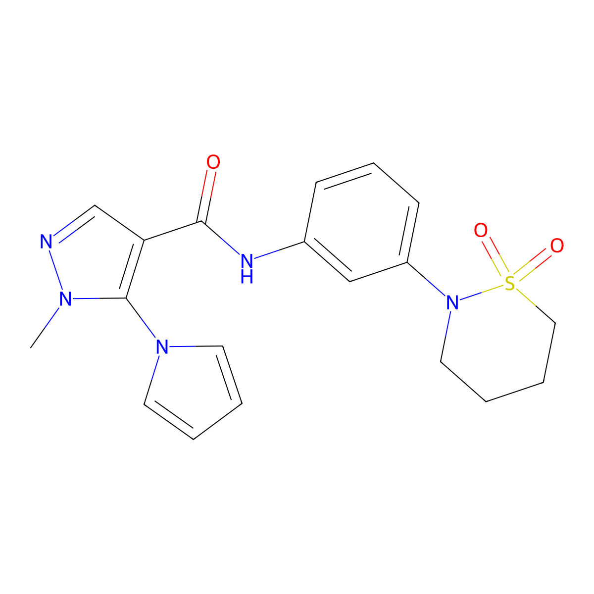 N-[3-(1,1-dioxido-1,2-thiazinan-2-yl)phenyl]-1-methyl-5-(1H-pyrrol-1-yl)-1H-pyrazole-4-carboxamide molecular structure, CAS 1324085-40-6