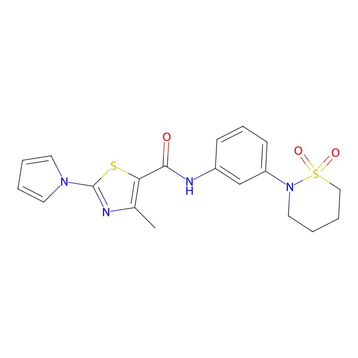 N-[3-(1,1-dioxido-1,2-thiazinan-2-yl)phenyl]-4-methyl-2-(1H-pyrrol-1-yl)-1,3-thiazole-5-carboxamide molecular structure, CAS 1324085-56-4