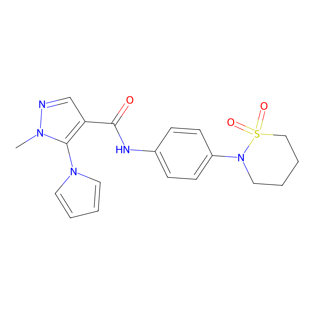 N-[4-(1,1-dioxido-1,2-thiazinan-2-yl)phenyl]-1-methyl-5-(1H-pyrrol-1-yl)-1H-pyrazole-4-carboxamide molecular structure, CAS 1324086-96-5