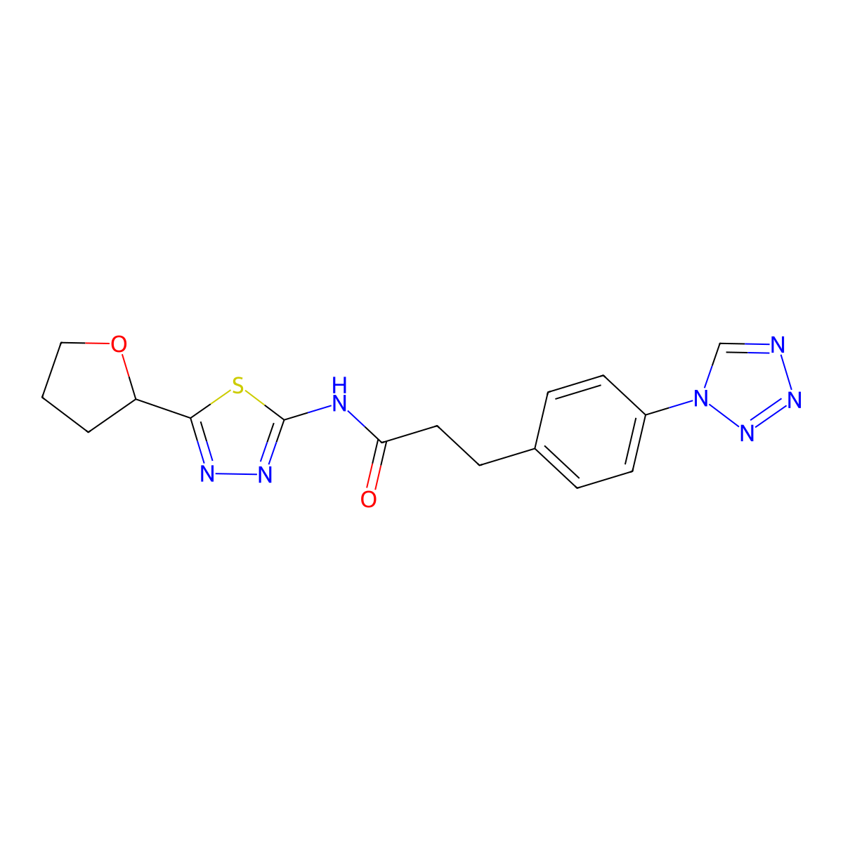 3-(4-(1H-tetrazol-1-yl)phenyl)-N-(5-(tetrahydrofuran-2-yl)-1,3,4-thiadiazol-2-yl)propanamide molecular structure, CAS 1324087-57-1