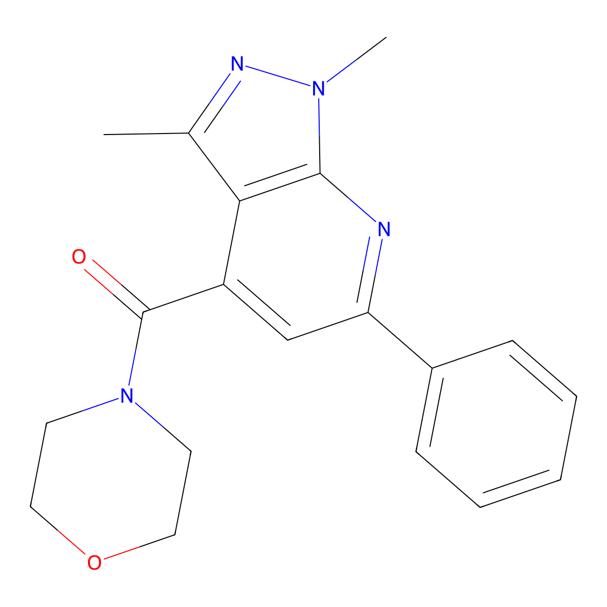 (1,3-dimethyl-6-phenyl-1H-pyrazolo[3,4-b]pyridin-4-yl)(morpholin-4-yl)methanone molecular structure, CAS 1324087-59-3