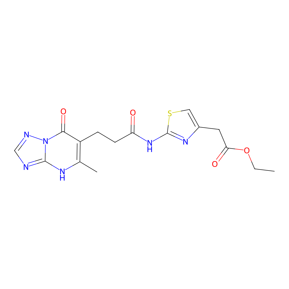 Ethyl (2-{[3-(7-hydroxy-5-methyl[1,2,4]triazolo[1,5-a]pyrimidin-6-yl)propanoyl]amino}-1,3-thiazol-4-yl)acetate molecular structure, CAS 1324087-69-5