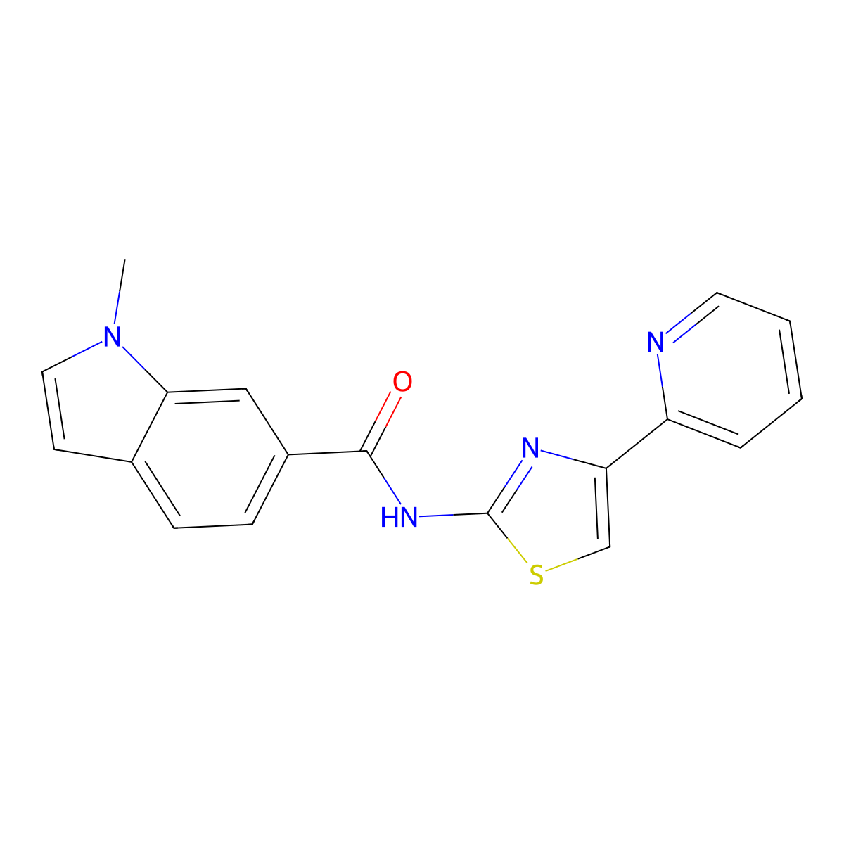 1-methyl-N-(4-(pyridin-2-yl)thiazol-2-yl)-1H-indole-6-carboxamide molecular structure, CAS 1324087-91-3