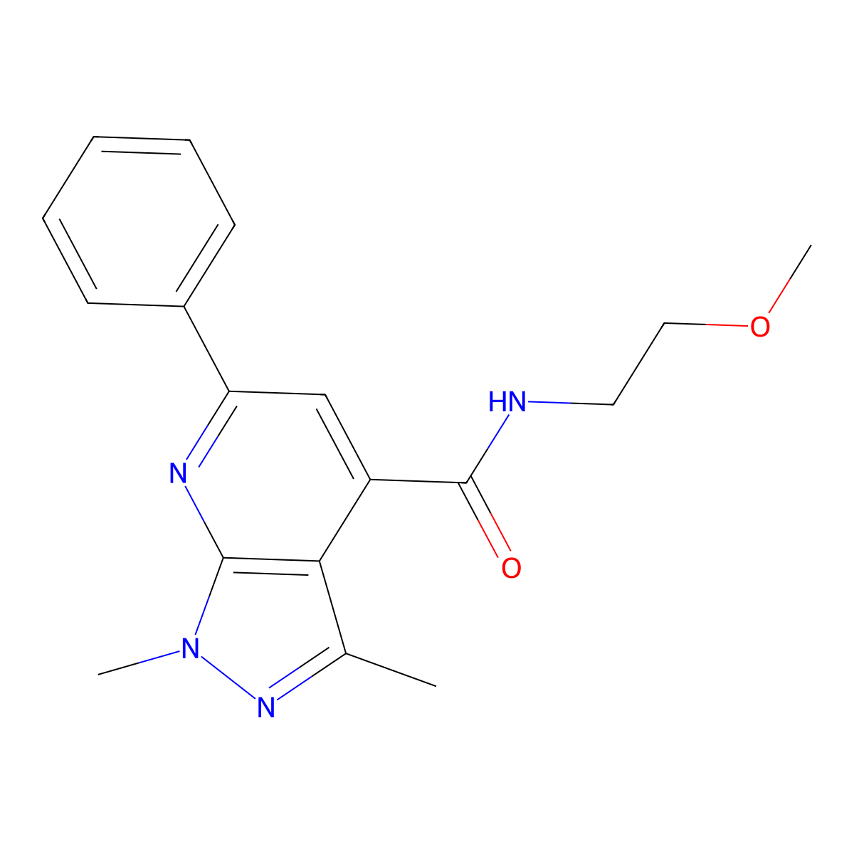 N-(2-methoxyethyl)-1,3-dimethyl-6-phenyl-1H-pyrazolo[3,4-b]pyridine-4-carboxamide molecular structure, CAS 1324089-69-1
