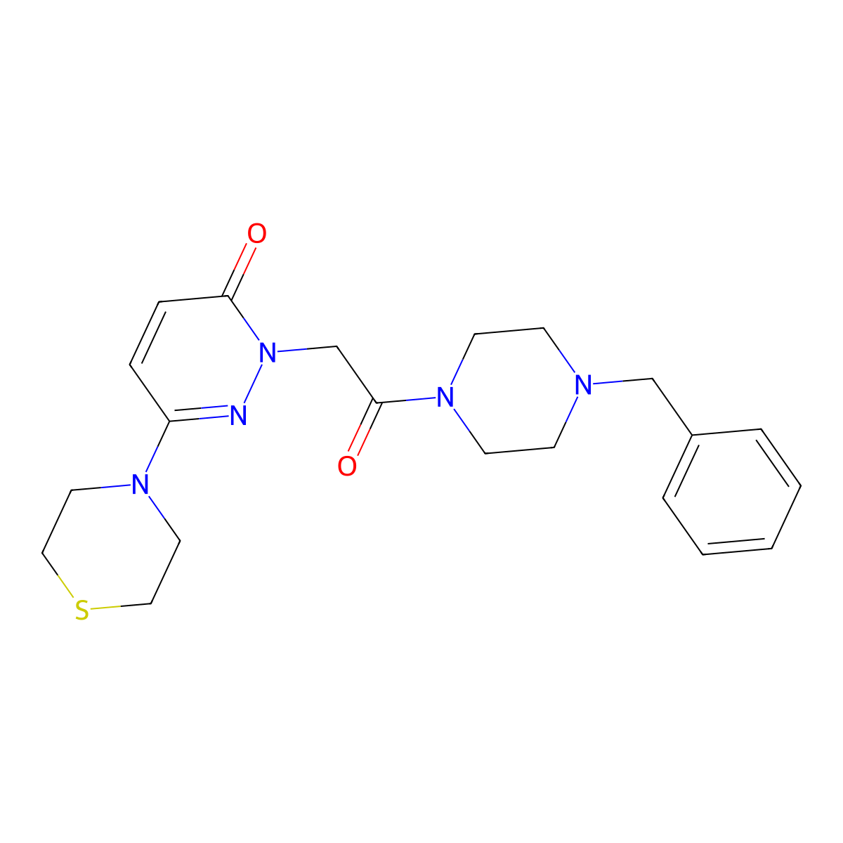 2-[2-(4-benzylpiperazin-1-yl)-2-oxoethyl]-6-(thiomorpholin-4-yl)pyridazin-3(2H)-one molecular structure, CAS 1324090-34-7