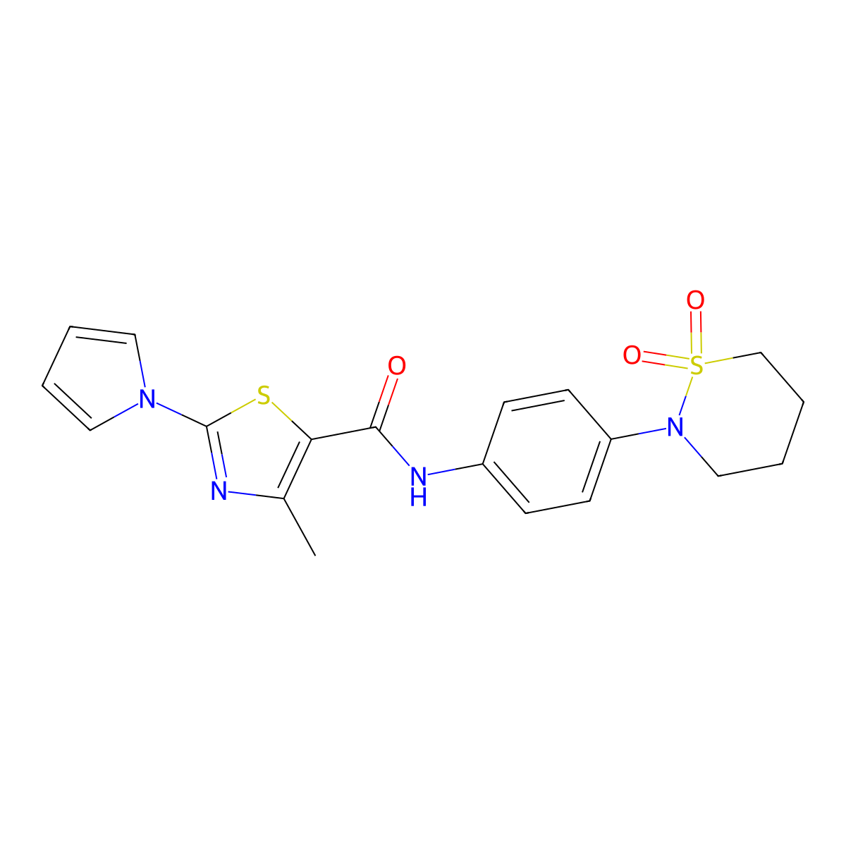 N-[4-(1,1-dioxido-1,2-thiazinan-2-yl)phenyl]-4-methyl-2-(1H-pyrrol-1-yl)-1,3-thiazole-5-carboxamide molecular structure, CAS 1324090-85-8