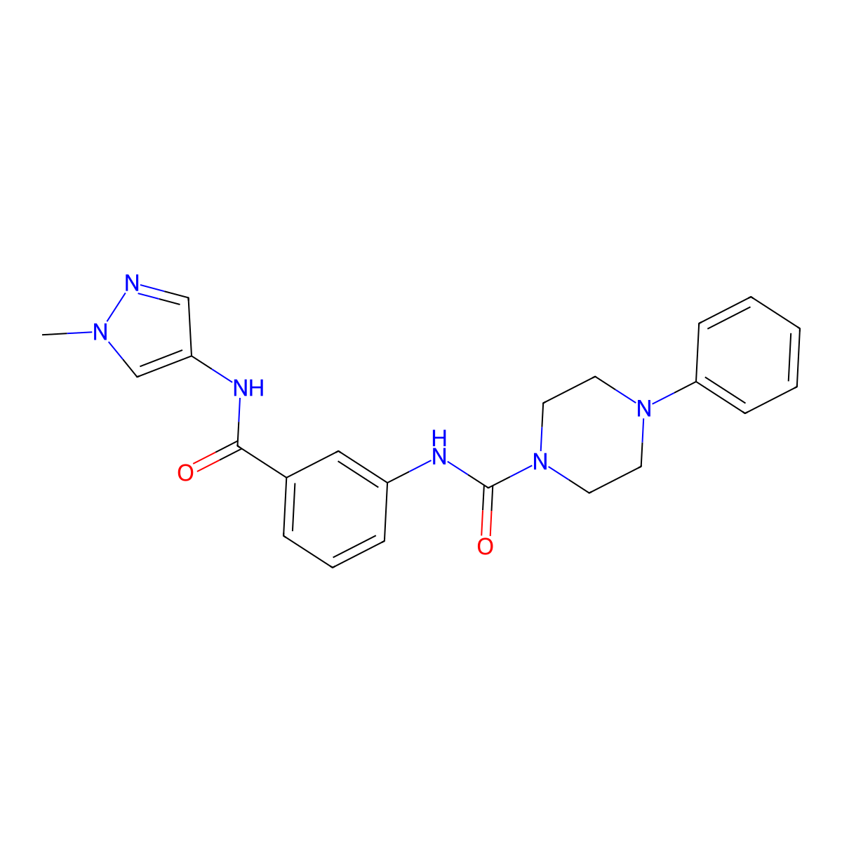 N-{3-[(1-methyl-1H-pyrazol-4-yl)carbamoyl]phenyl}-4-phenylpiperazine-1-carboxamide molecular structure, CAS 1324091-82-8