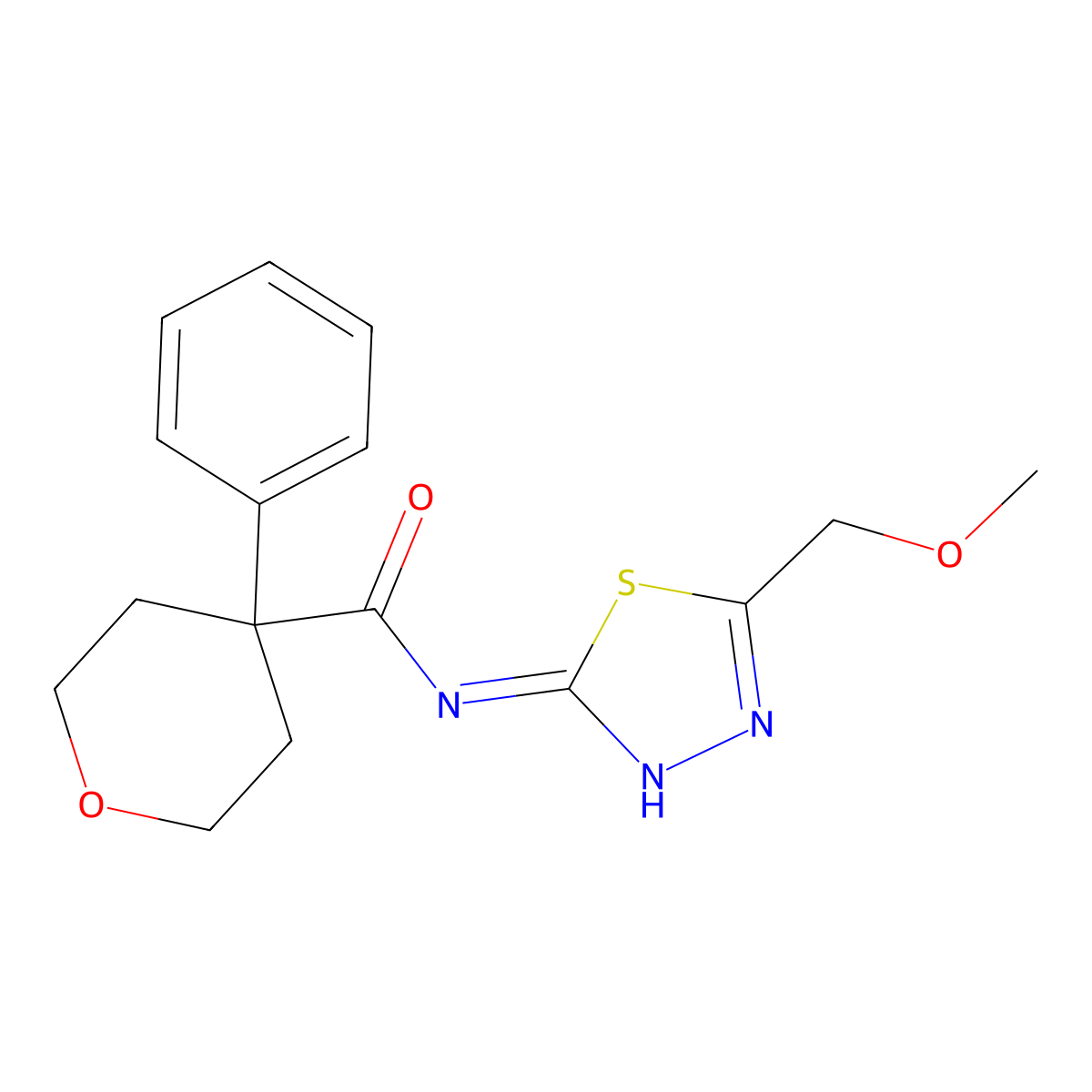 N-[(2Z)-5-(methoxymethyl)-1,3,4-thiadiazol-2(3H)-ylidene]-4-phenyltetrahydro-2H-pyran-4-carboxamide molecular structure, CAS 1324091-85-1