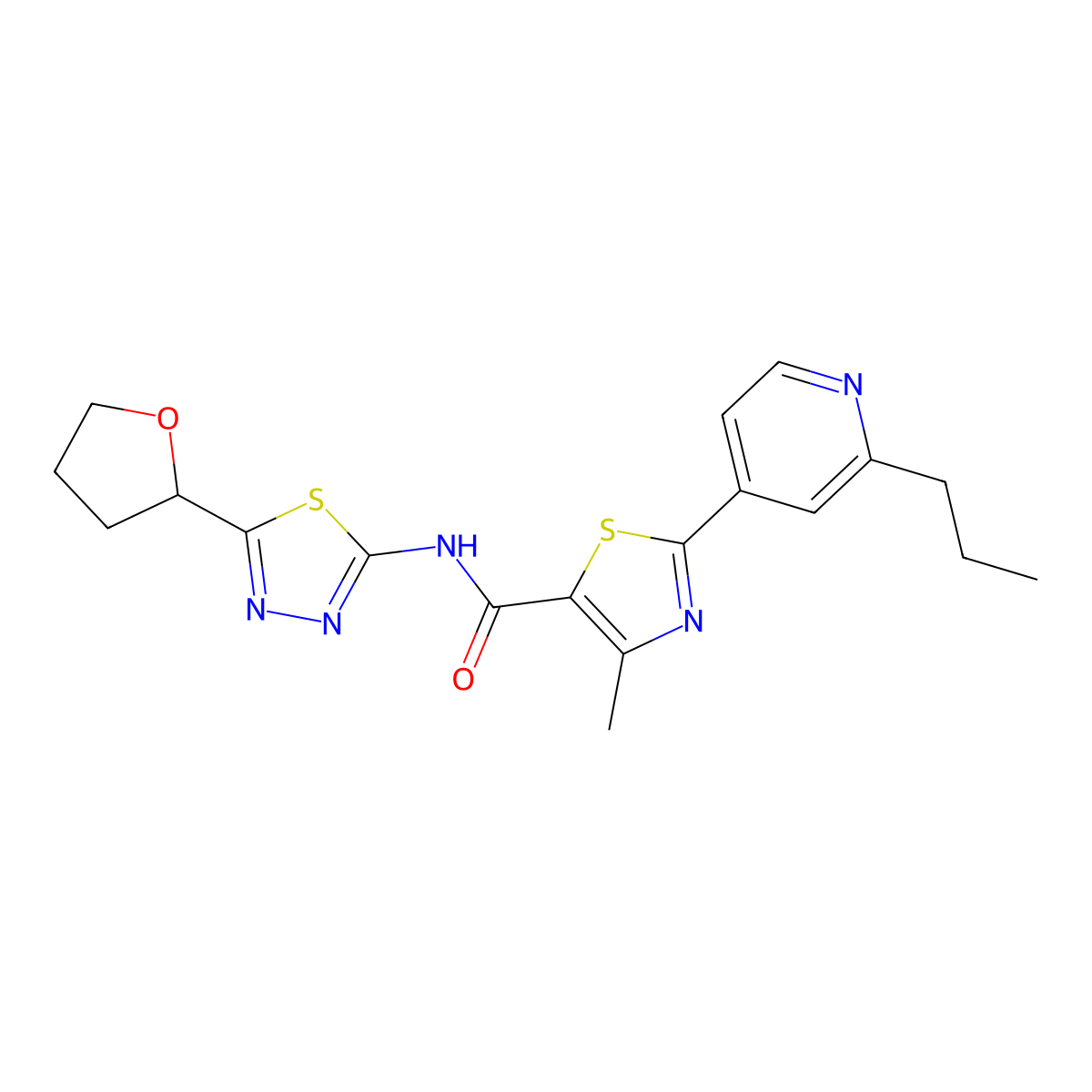 4-methyl-2-(2-propylpyridin-4-yl)-N-(5-(tetrahydrofuran-2-yl)-1,3,4-thiadiazol-2-yl)thiazole-5-carboxamide molecular structure, CAS 1324092-08-1