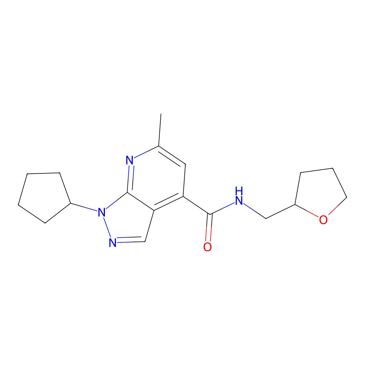 1-cyclopentyl-6-methyl-N-(tetrahydrofuran-2-ylmethyl)-1H-pyrazolo[3,4-b]pyridine-4-carboxamide molecular structure, CAS 1324092-21-8