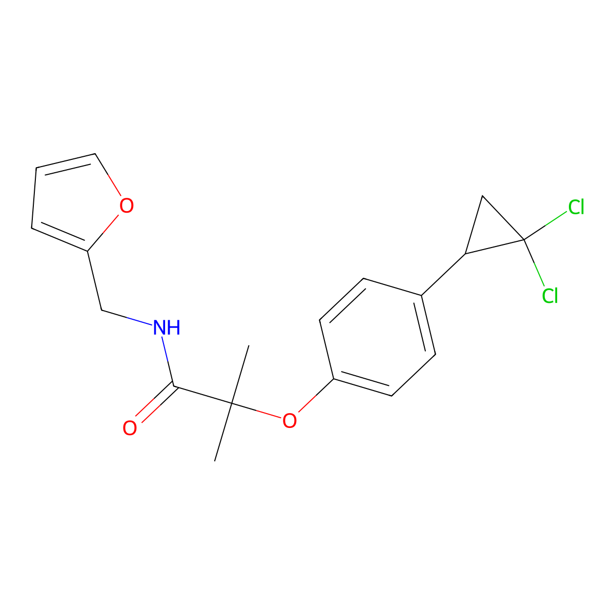 2-[4-(2,2-dichlorocyclopropyl)phenoxy]-N-(furan-2-ylmethyl)-2-methylpropanamide molecular structure, CAS 1324092-48-9