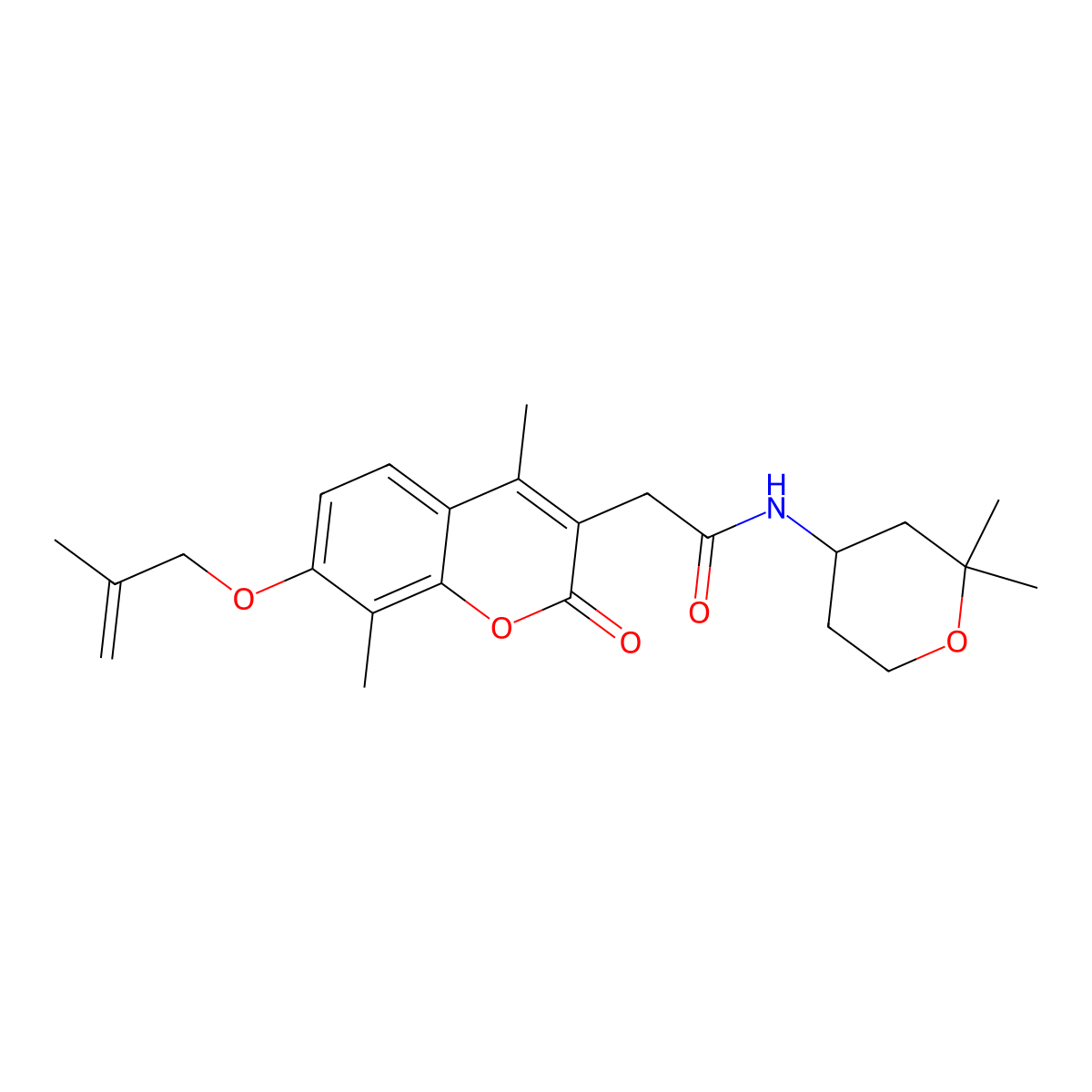 2-{4,8-dimethyl-7-[(2-methylprop-2-en-1-yl)oxy]-2-oxo-2H-chromen-3-yl}-N-(2,2-dimethyltetrahydro-2H-pyran-4-yl)acetamide molecular structure, CAS 1324092-74-1