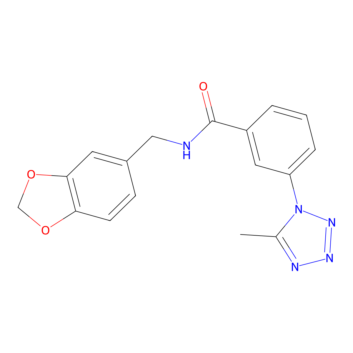 N-(1,3-benzodioxol-5-ylmethyl)-3-(5-methyl-1H-tetrazol-1-yl)benzamide molecular structure, CAS 1324092-80-9