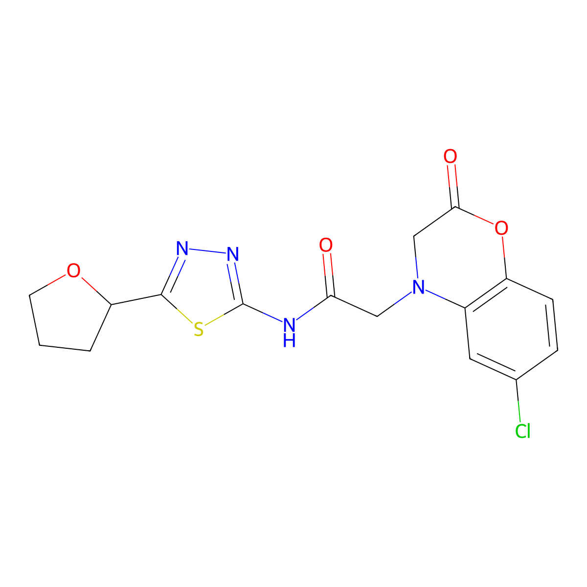 2-(6-chloro-2-oxo-2H-benzo[b][1,4]oxazin-4(3H)-yl)-N-(5-(tetrahydrofuran-2-yl)-1,3,4-thiadiazol-2-yl)acetamide molecular structure, CAS 1324092-93-4