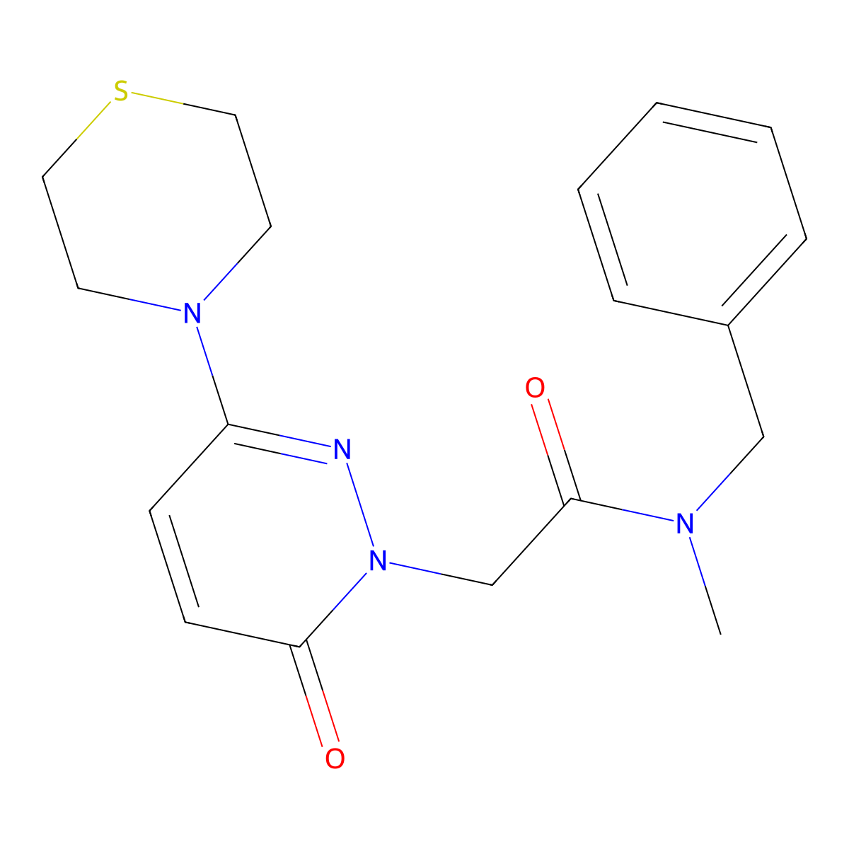 N-benzyl-N-methyl-2-[6-oxo-3-(thiomorpholin-4-yl)pyridazin-1(6H)-yl]acetamide molecular structure, CAS 1324093-65-3