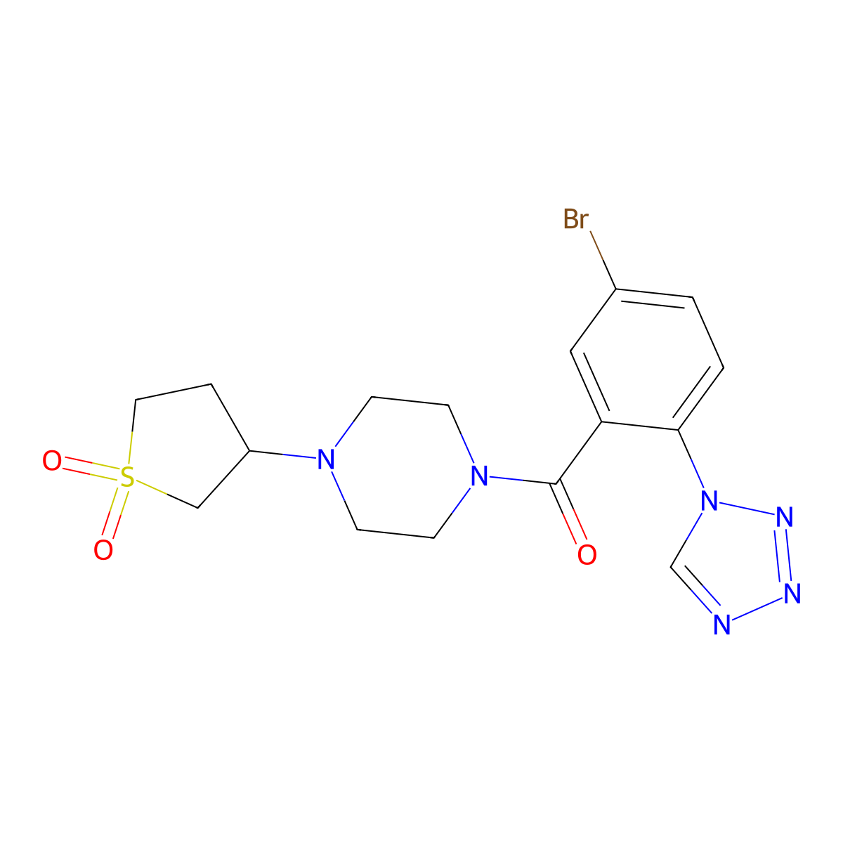 (5-bromo-2-(1H-tetrazol-1-yl)phenyl)(4-(1,1-dioxidotetrahydrothiophen-3-yl)piperazin-1-yl)methanone molecular structure, CAS 1324094-00-9