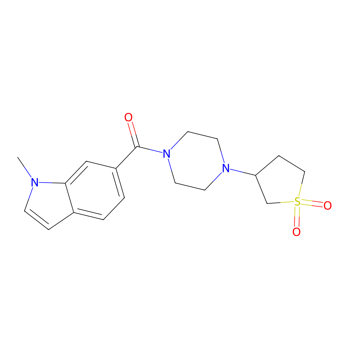 (4-(1,1-dioxidotetrahydrothiophen-3-yl)piperazin-1-yl)(1-methyl-1H-indol-6-yl)methanone molecular structure, CAS 1324095-58-0