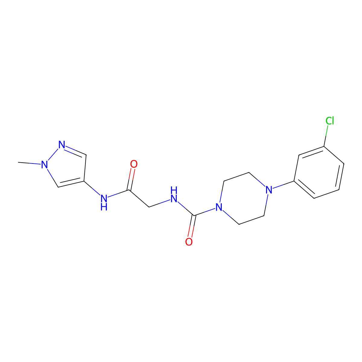 4-(3-chlorophenyl)-N-{2-[(1-methyl-1H-pyrazol-4-yl)amino]-2-oxoethyl}piperazine-1-carboxamide molecular structure, CAS 1324096-13-0