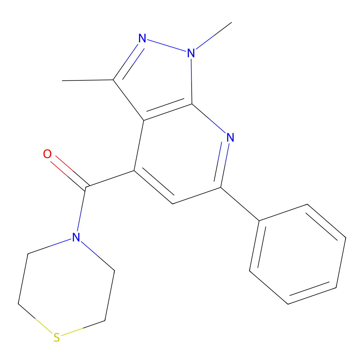 (1,3-dimethyl-6-phenyl-1H-pyrazolo[3,4-b]pyridin-4-yl)(thiomorpholin-4-yl)methanone molecular structure, CAS 1324096-45-8