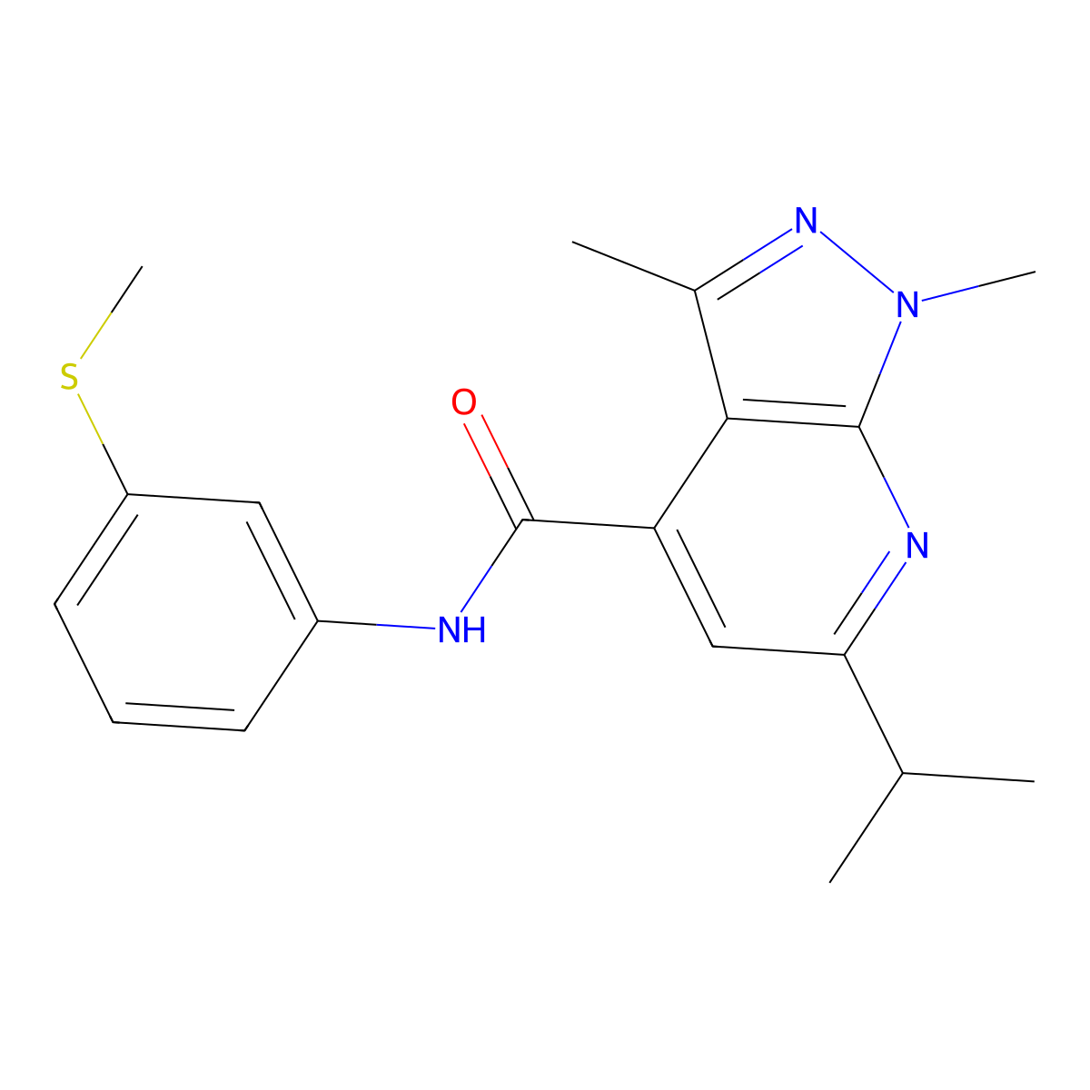 1,3-dimethyl-N-[3-(methylsulfanyl)phenyl]-6-(propan-2-yl)-1H-pyrazolo[3,4-b]pyridine-4-carboxamide molecular structure, CAS 1324096-69-6