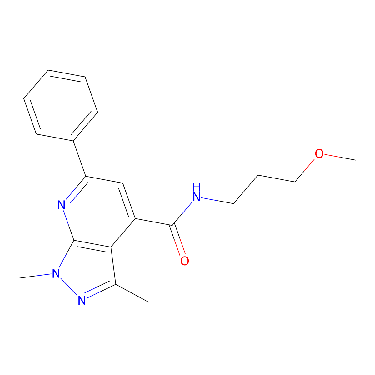 N-(3-methoxypropyl)-1,3-dimethyl-6-phenyl-1H-pyrazolo[3,4-b]pyridine-4-carboxamide molecular structure, CAS 1324097-02-0