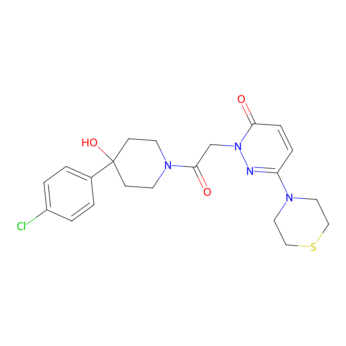 2-{2-[4-(4-chlorophenyl)-4-hydroxypiperidin-1-yl]-2-oxoethyl}-6-(thiomorpholin-4-yl)pyridazin-3(2H)-one molecular structure, CAS 1324097-89-3