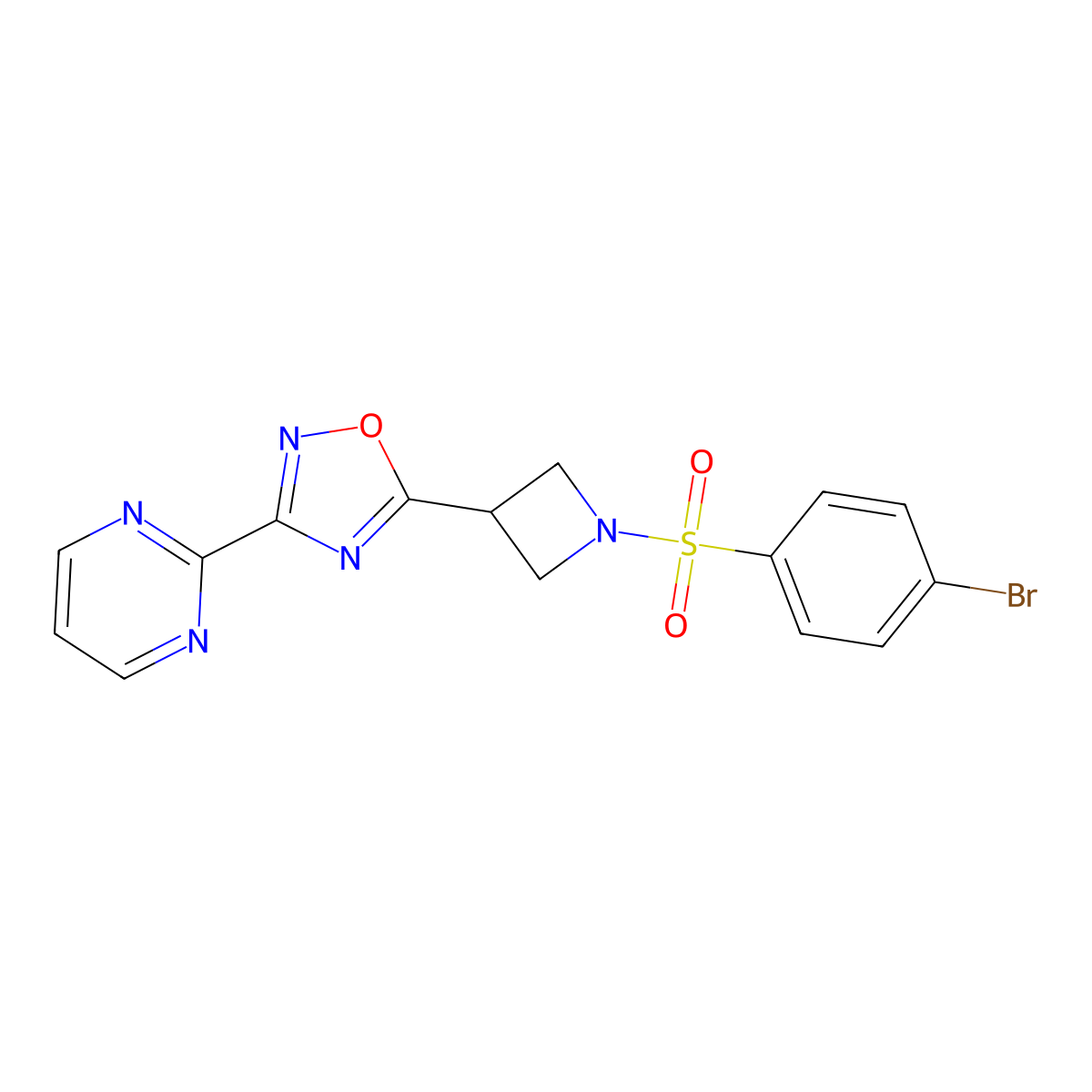 5-(1-((4-Bromophenyl)sulfonyl)azetidin-3-yl)-3-(pyrimidin-2-yl)-1,2,4-oxadiazole molecular structure, CAS 1324107-20-1