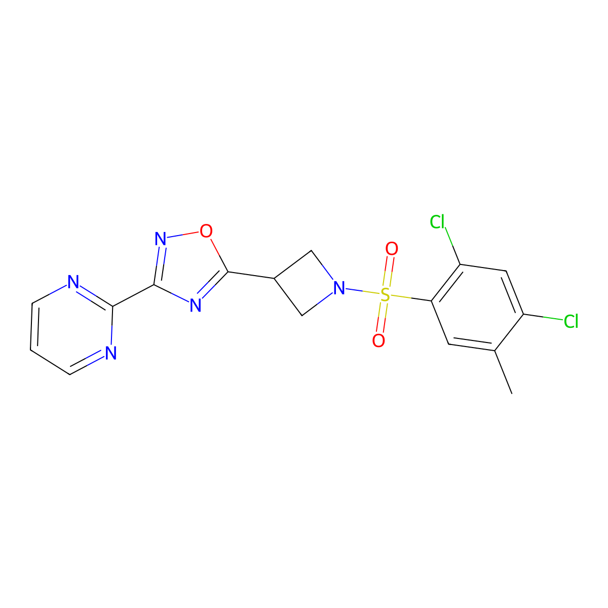 5-(1-((2,4-Dichloro-5-methylphenyl)sulfonyl)azetidin-3-yl)-3-(pyrimidin-2-yl)-1,2,4-oxadiazole molecular structure, CAS 1324107-23-4