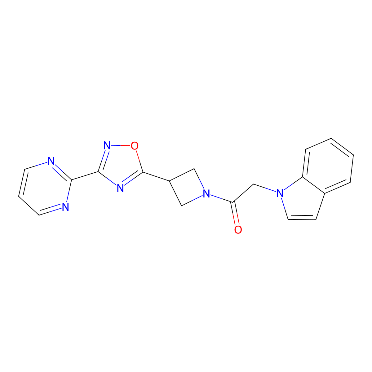 2-(1H-indol-1-yl)-1-(3-(3-(pyrimidin-2-yl)-1,2,4-oxadiazol-5-yl)azetidin-1-yl)ethanone molecular structure, CAS 1324107-24-5
