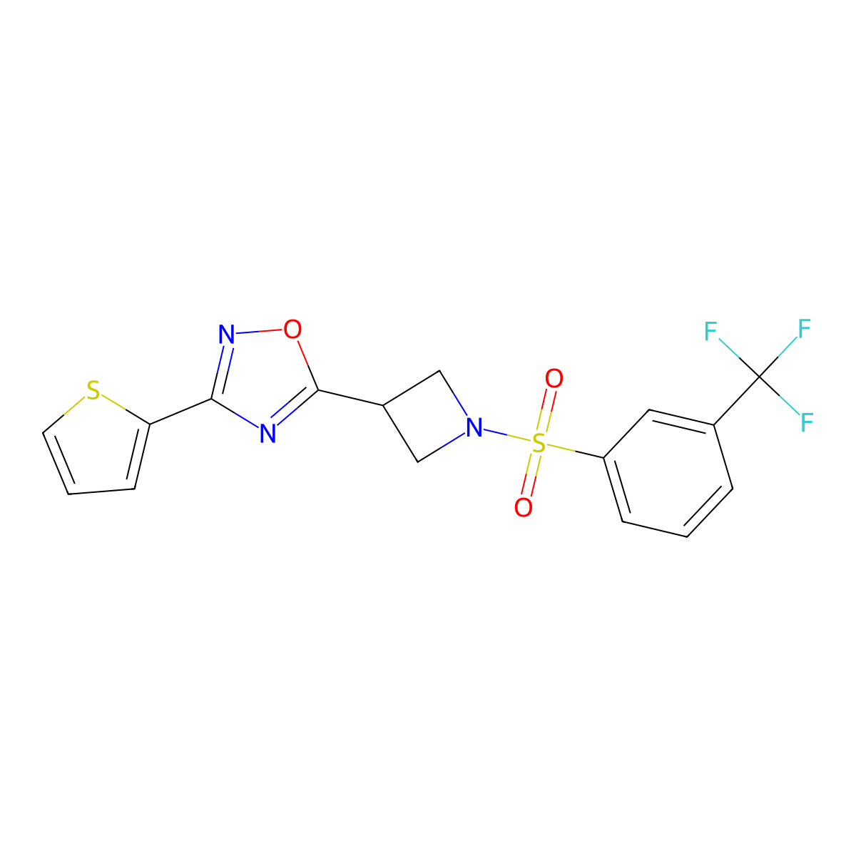 3-(Thiophen-2-yl)-5-(1-((3-(trifluoromethyl)phenyl)sulfonyl)azetidin-3-yl)-1,2,4-oxadiazole molecular structure, CAS 1324107-58-5