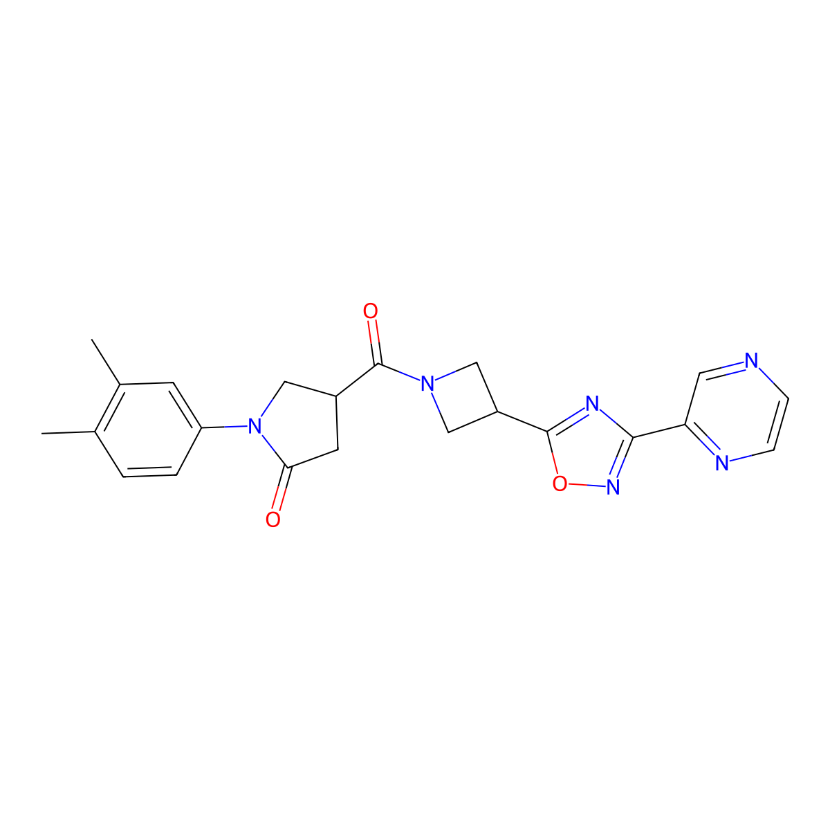 1-(3,4-Dimethylphenyl)-4-{3-[3-(pyrazin-2-yl)-1,2,4-oxadiazol-5-yl]azetidine-1-carbonyl}pyrrolidin-2-one molecular structure, CAS 1324108-32-8